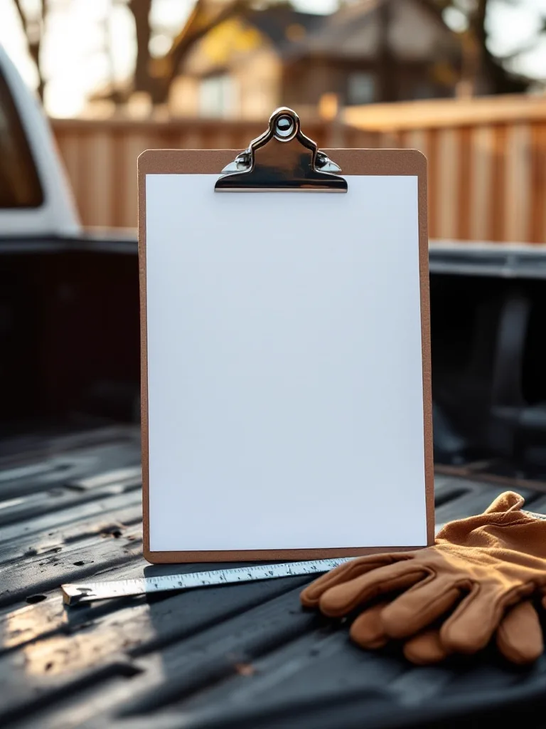 Clipboard, tape measure, and work gloves on a truck tailgate with cedar fence panels in the background at golden hour