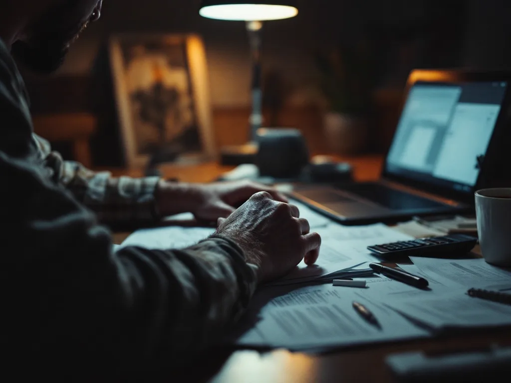 A contractor's hands at a kitchen table at night, papers, a calculator, and a laptop spread out, working late on quotes