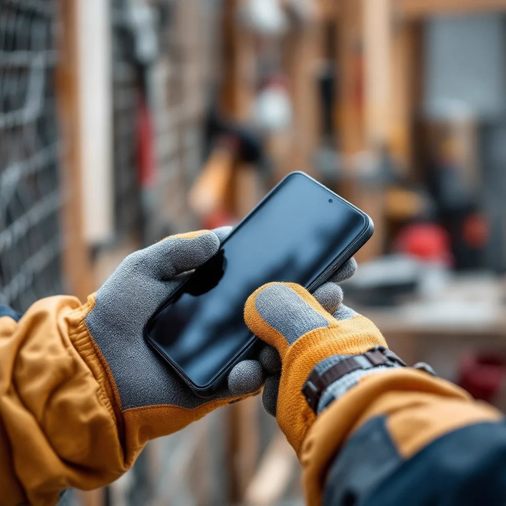 A work-gloved hand holding a phone on a job site