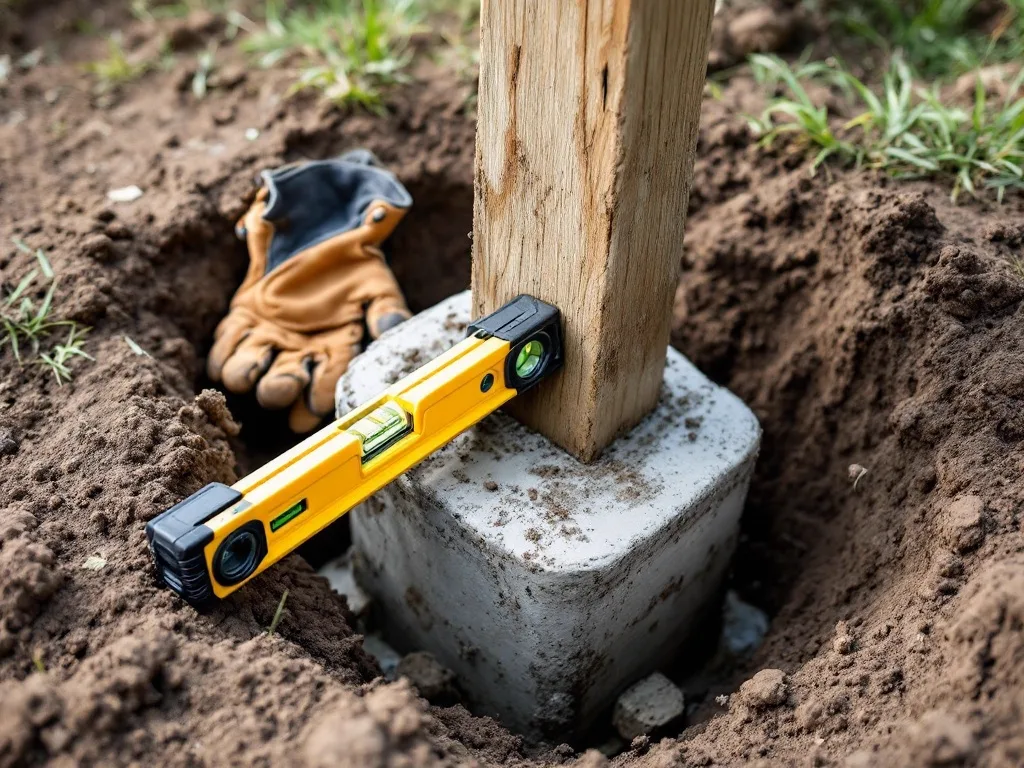 A fence post set in wet concrete, a torpedo level checking it for plumb